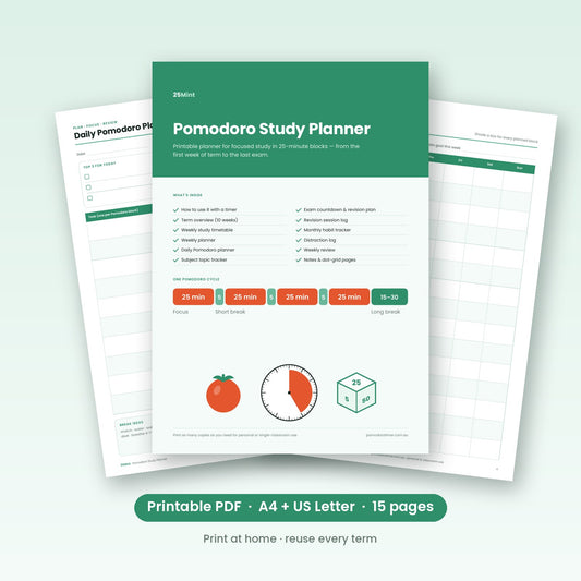 Pomodoro Study Planner printable PDF — cover and sample pages