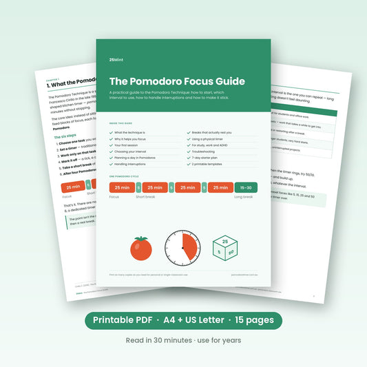The Pomodoro Focus Guide printable PDF — cover and sample pages