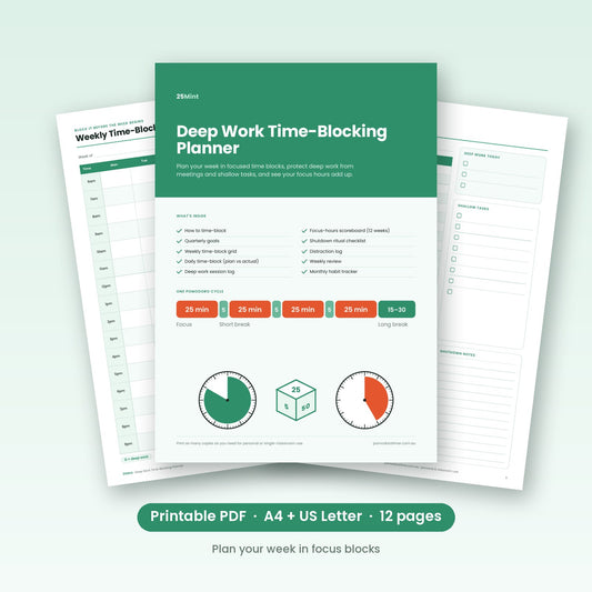 Deep Work Time-Blocking Planner printable PDF — cover and sample pages
