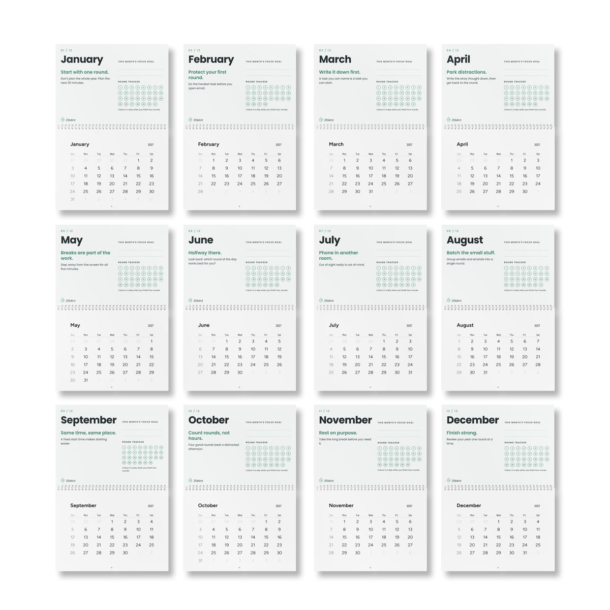 2027 Focus Wall Calendar | Monthly Round Tracker by 25Mint
