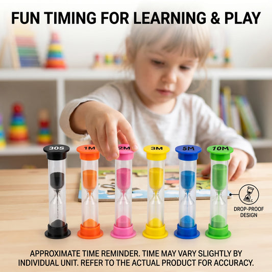 Six colour-coded sand timers for kids and classrooms