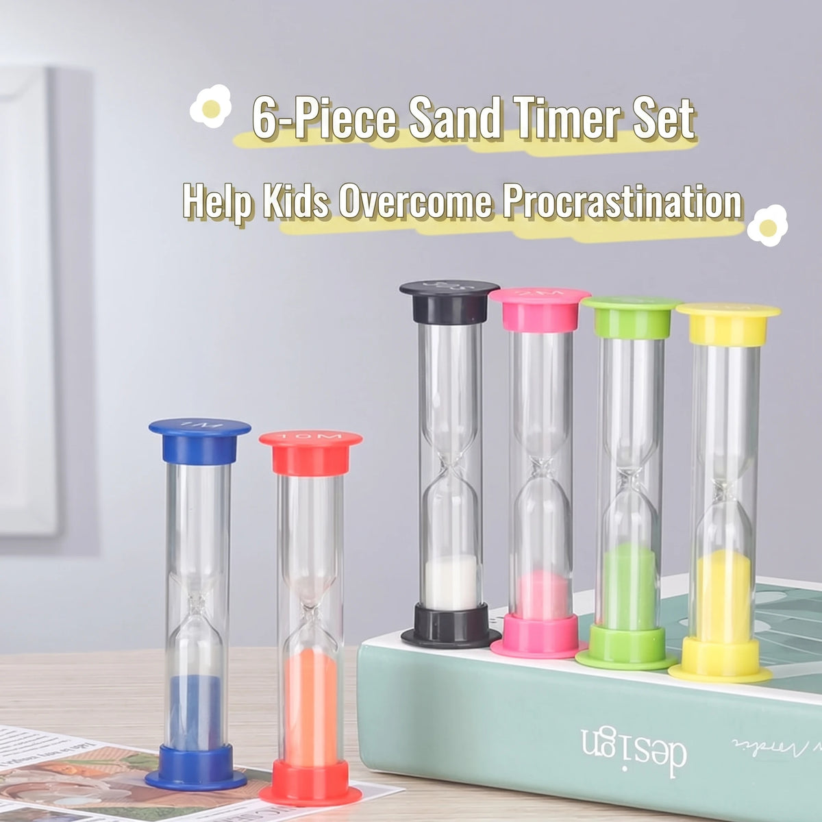 Six sand timers in front of a book