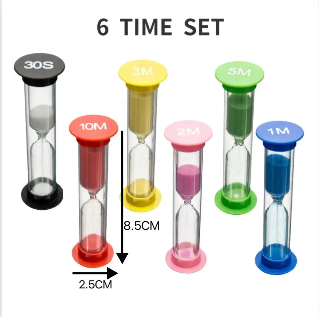 Sand timer dimensions: 8.5 cm tall, 2.5 cm wide