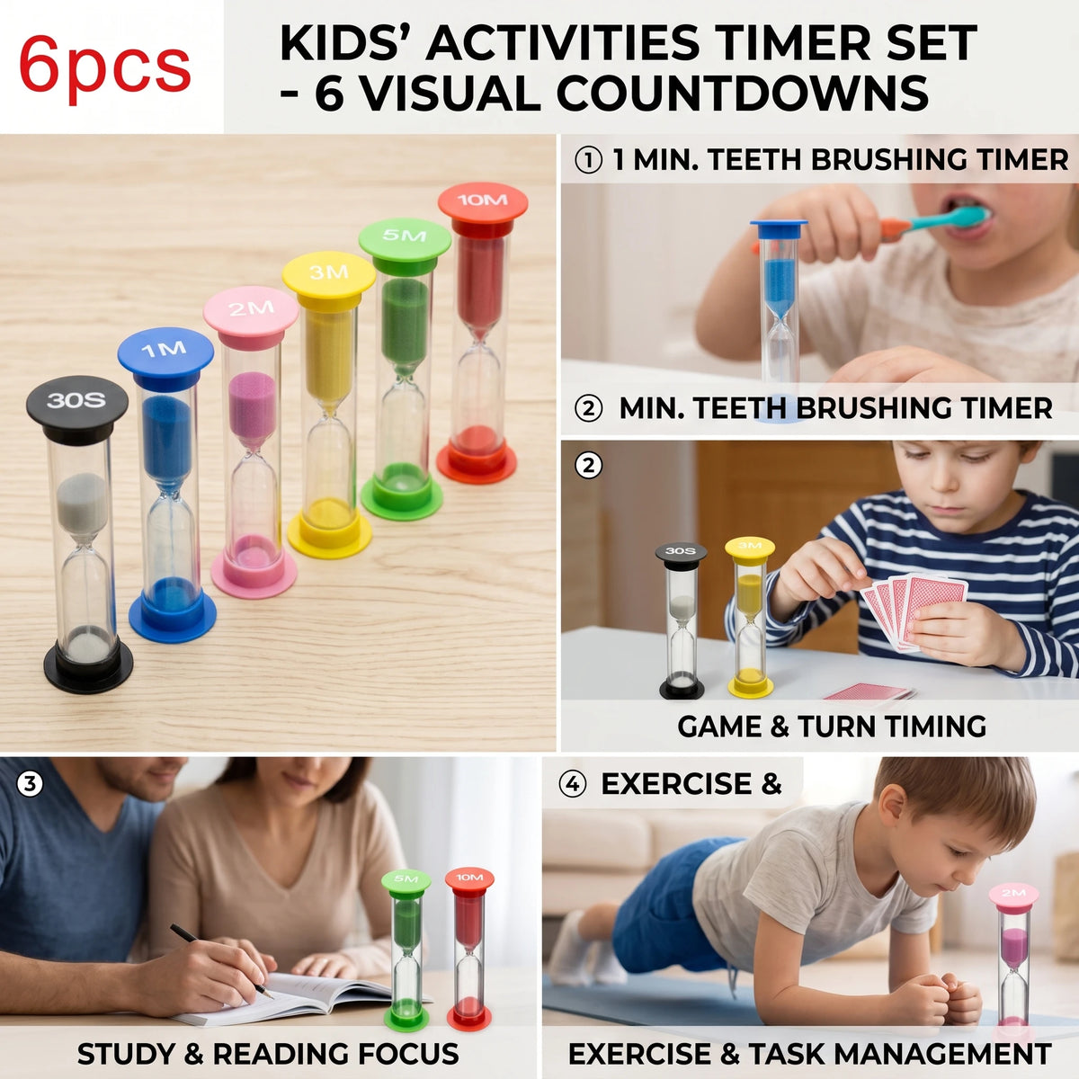 Sand timer set uses: teeth brushing, games, study, exercise