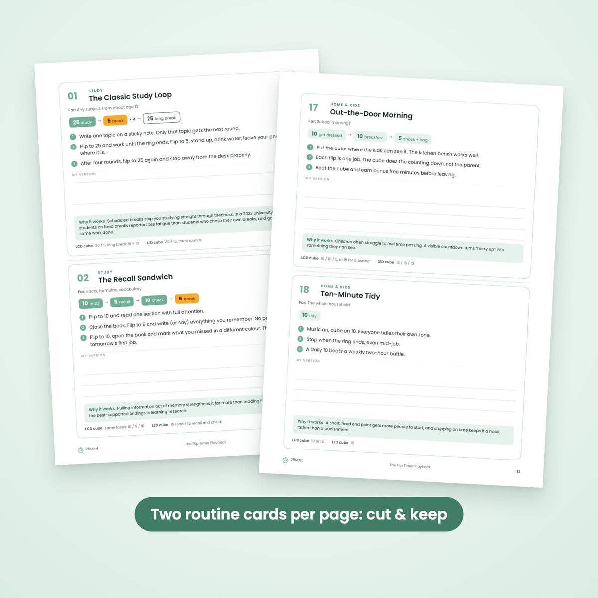 The Flip Timer Playbook — two routine cards per page, cut and keep